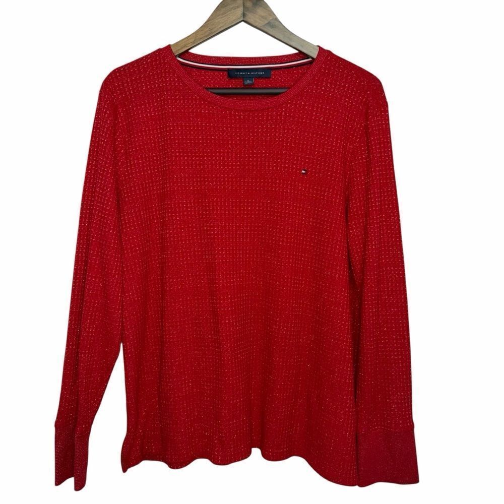 Tommy Hilfiger Metallic Waffle-Knit Sweater Top size XL Red Silver Pullover